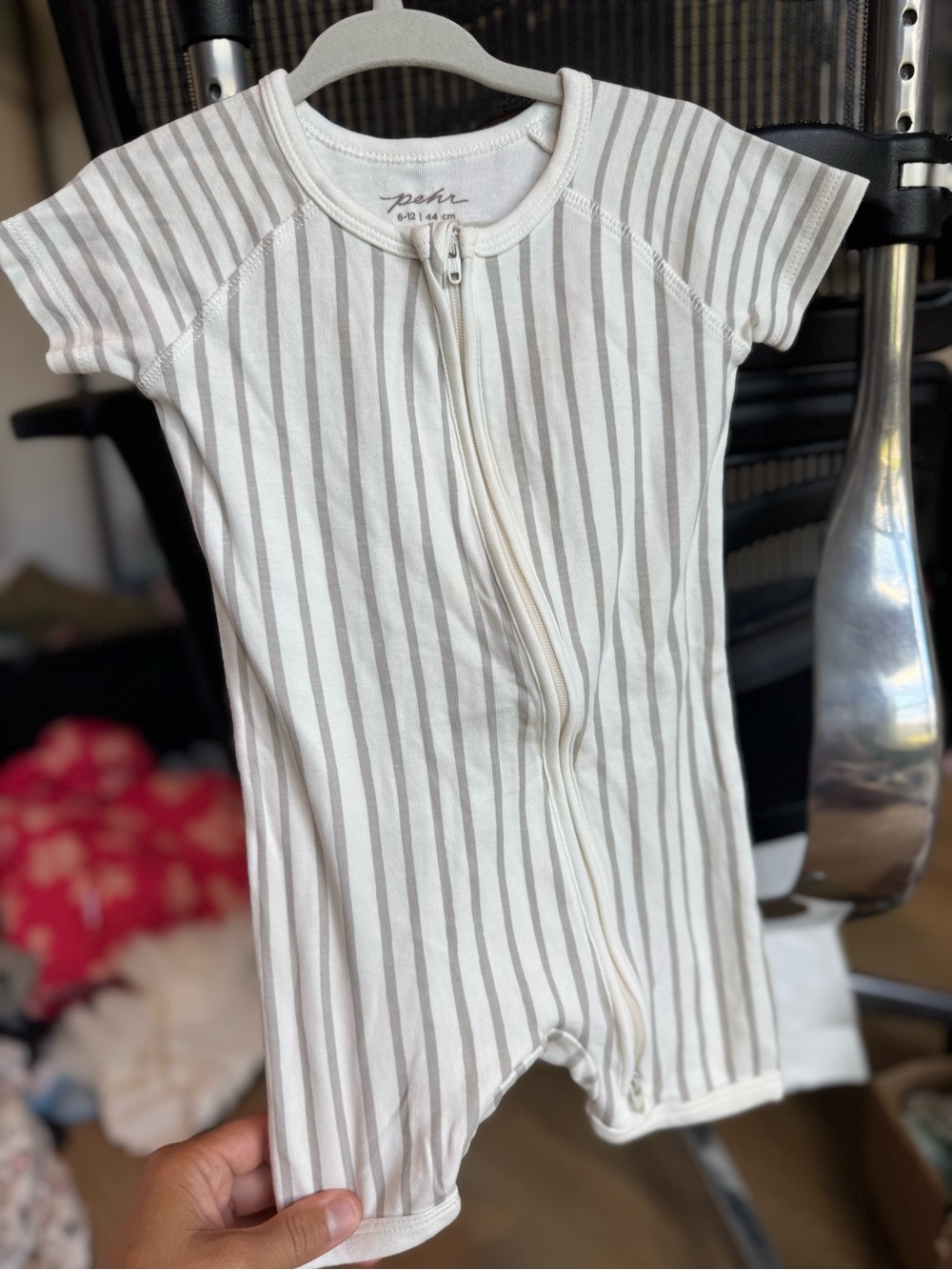 Pehr Short-Sleeve Striped Zip One-Piece in Cream and Taupe